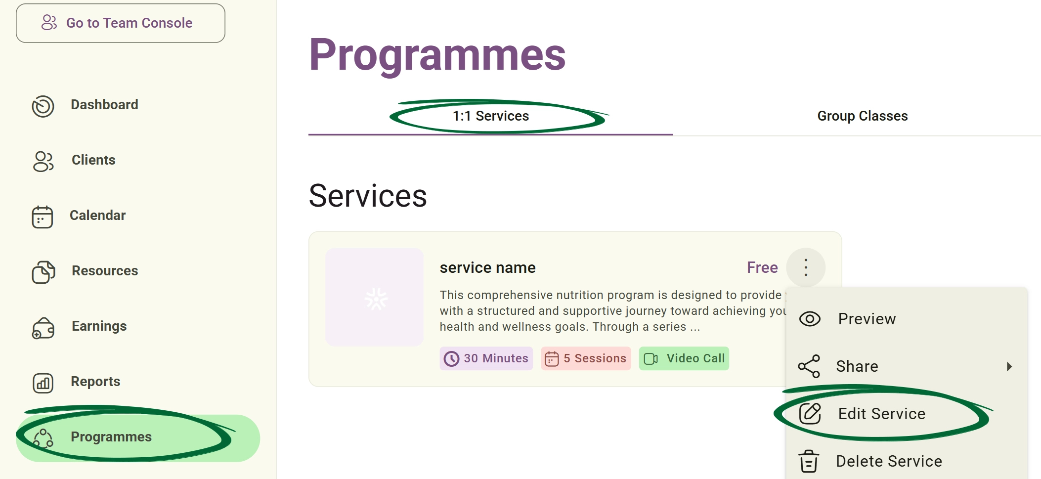 Go to Services screenshot